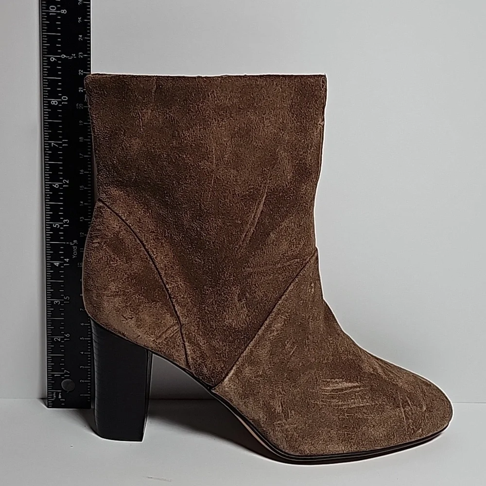 Franco Sarto Pia Suede Ankle Booties Brown 7.5 Side Zip Almond Toe Heeled Boots